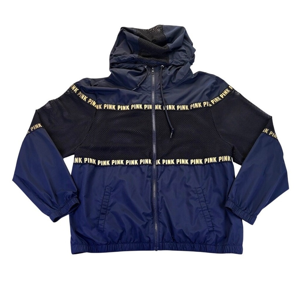 Victoria's Secret PINK Mesh Windbreaker Jacket Black Gold Logo M/L Athleisure